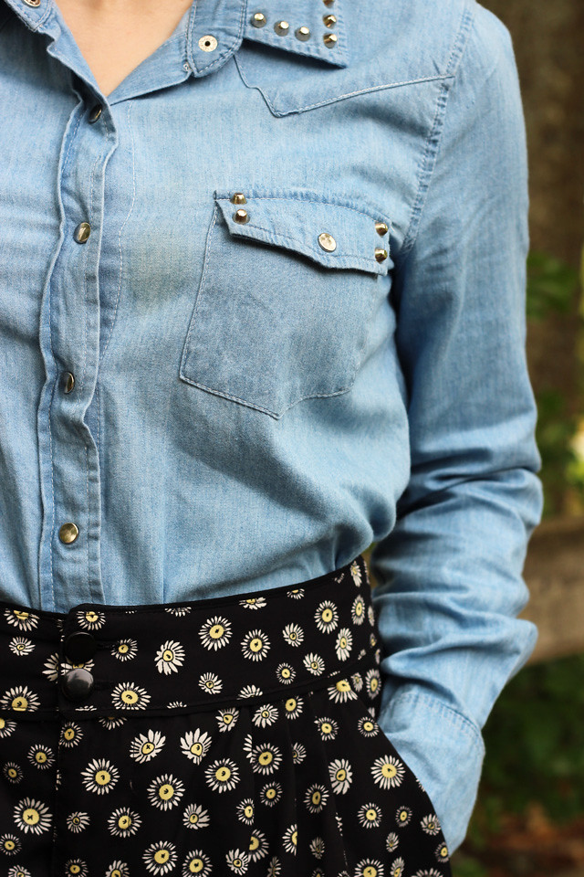 Denim Shirt, Daisy Print Floral Shorts, & Black Wedge Sandals | Petite ...