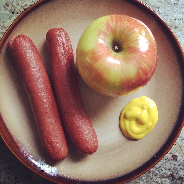 Day 7, #Whole30 - lunch (hotdogs with mustard & apple)