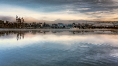 blue trees white mist building abandoned fog clouds river island grey boat ruins correct hdr