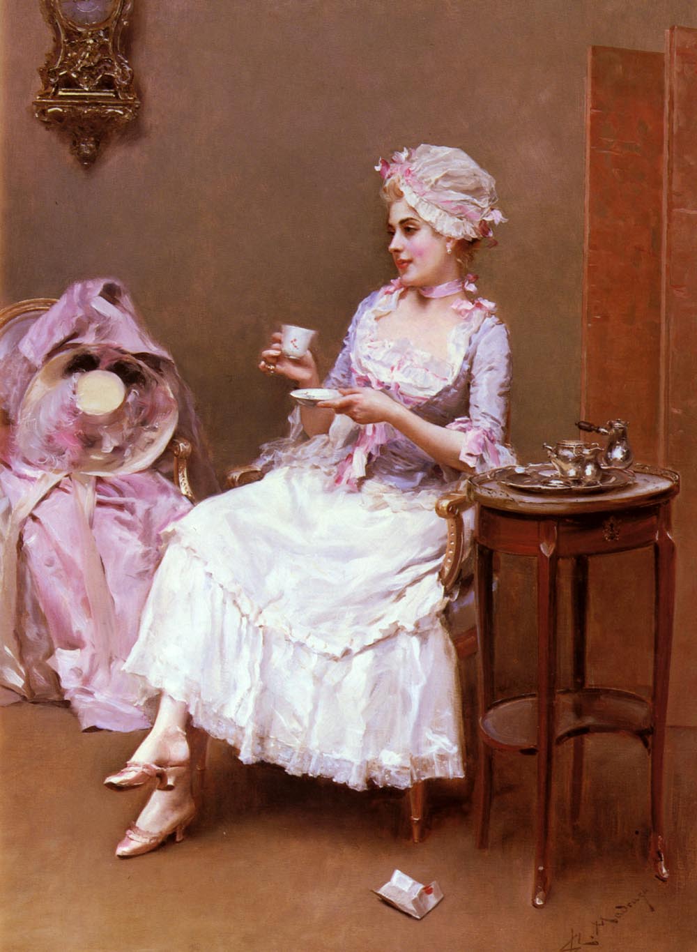 7. Mujer tomando una tada de chocolate. Obra de Raimundo de Madrazo. Oleo sobre lienzo. 1841-1920