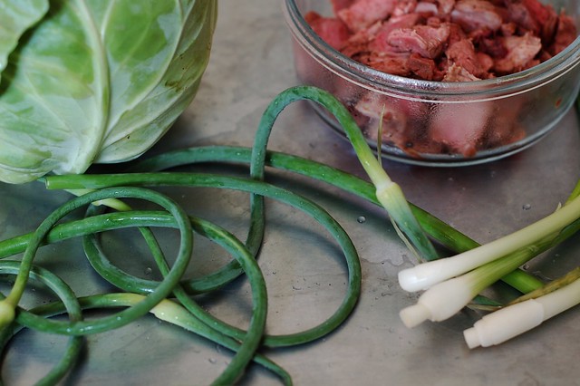Garlic scapes, pork, scallions and cabbage by Eve Fox, The Garden of Eating, copyright 2014