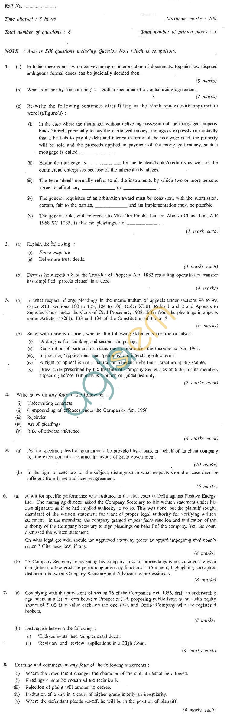 CS Professional Question Papers Jun 2011 - Financial Treasury and Forex Management Module II