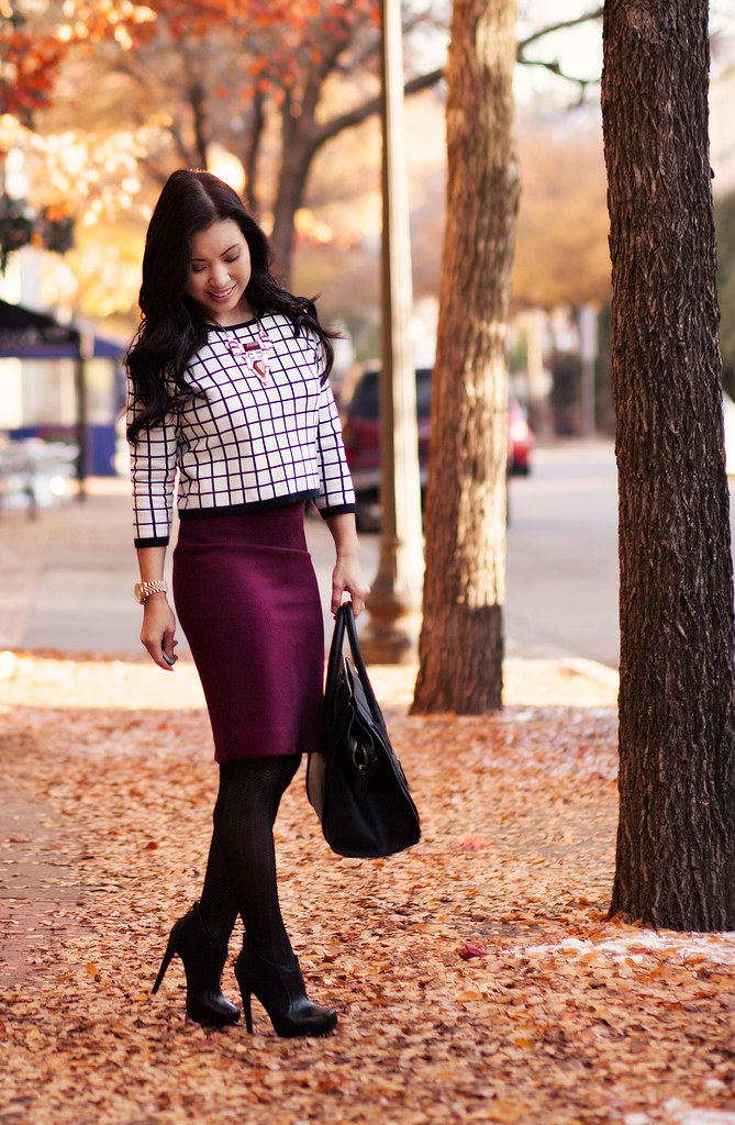 cute & little blog | windowpane checkered grid sweater, burgundy pencil skirt, jewelmint statement necklace outfit
