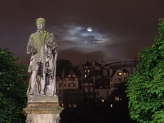 Allan Ramsay statue with moon