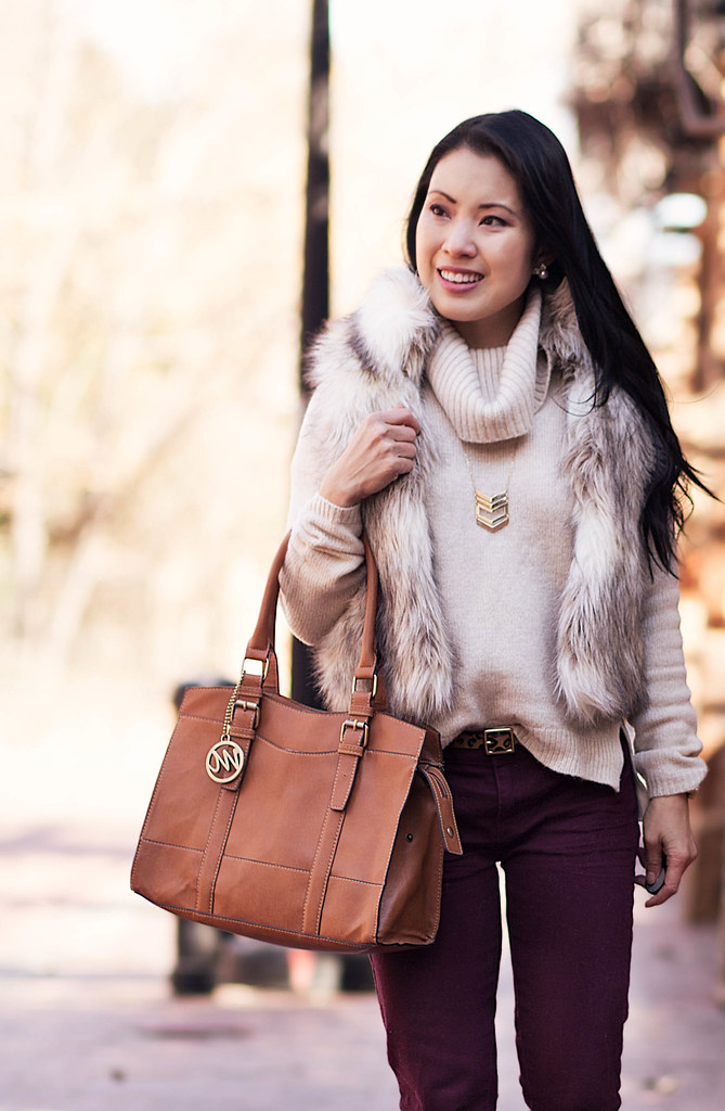cute & little blog | fur vest, cowl sweater, burgundy pants, leopard pumps | winter style outfit