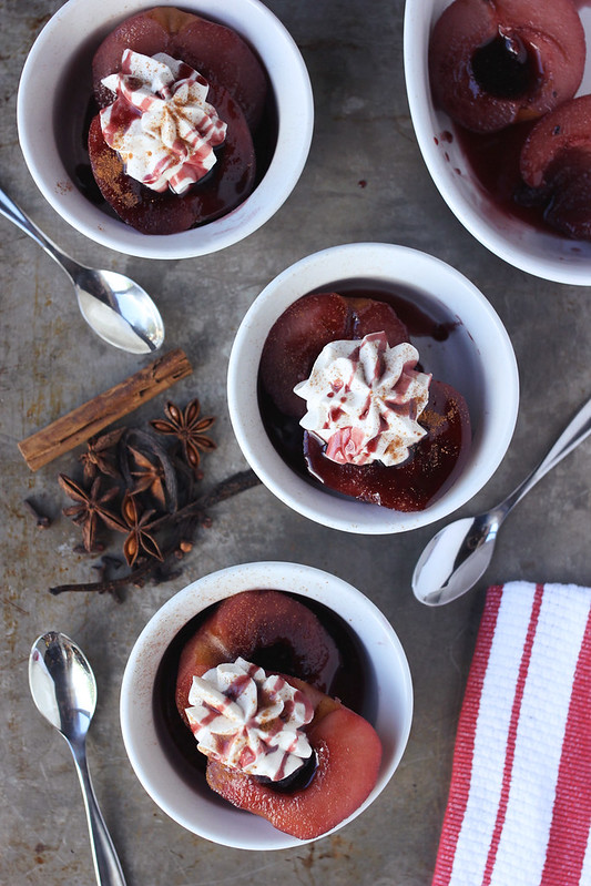 Red Wine Poached Apples and Pears with Cinnamon Whipped Coconut Cream