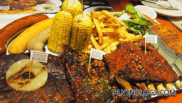 Choice of any Sitcky Bones flavours half-slabs (Hickory BBQ, Tuscan Baked Spicy, Smoked Peppercorn, Garlic BBQ or Spicy Asian BBQ), grilled sausages, garden salad, grilled corn on cob, corn bread and french fries 