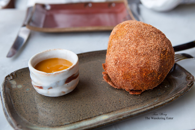 Spicy ox cheek doughnut with apricot jam