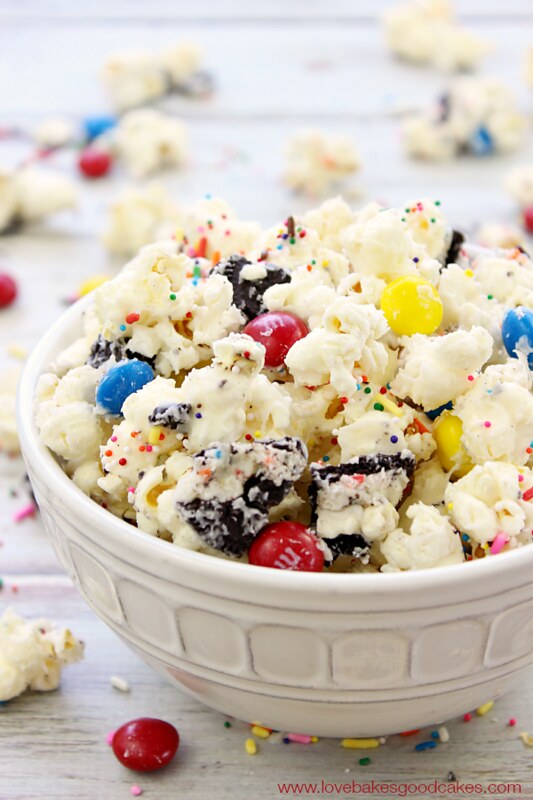 Birthday Cake Popcorn Mix in a bowl close up.