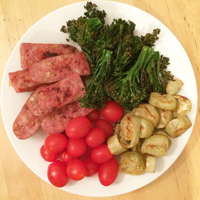 Day 23, #whole30 - dinner (chicken apple sausage, tomatoes, roasted broccolini, & roasted mini white eggplant)