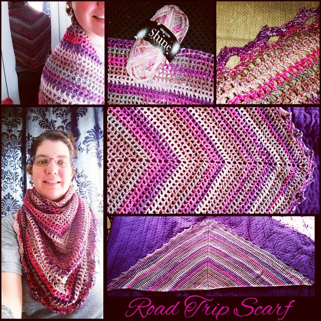 Completed Road Trip Scarf in King Cole Shine - Color- blossom. Loving how the colors self striped and the little bits of metallic spun in the yarn to give it sparkle. #phoenixrosedesign #crochet #creative #craft #creative #kingcole #shine #blossom #pink #
