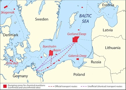 白令海峽裡的化學武器傾倒地點，包括已知或可能的傾倒地點及運輸路線。圖片來源：化學武器搜尋與評估計畫（CHEMSEA）