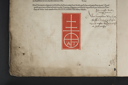Printer’s device and manuscript inscription in  Hieronymus: Epistolae