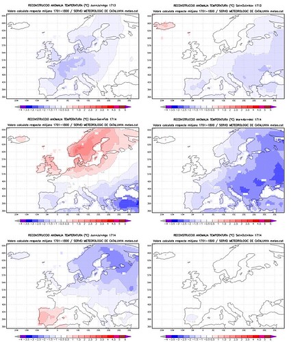 Figura 1. Mapes estacionals de l’anomalia de la temperatura entre l’estiu de 1713 i la tardor de 1714 a Europa, prenent com a període de referència el 1701-1800.