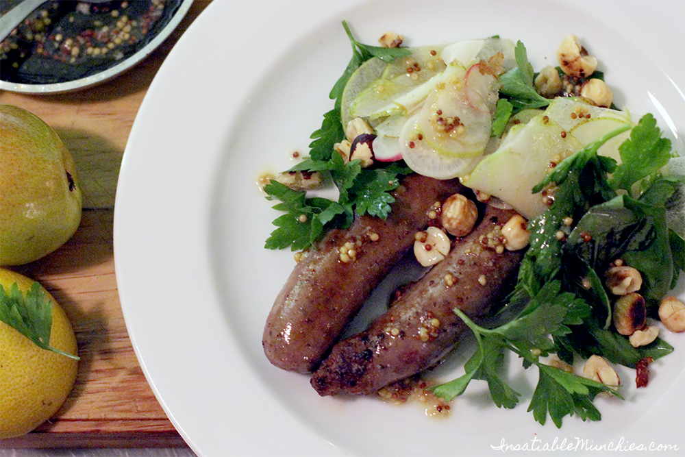 Beef sausages, lemon mustard, pear and baby relish