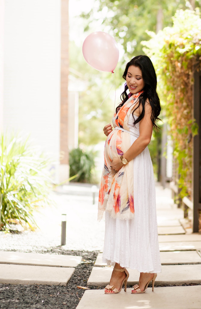 cute & little blog | petite fashion | lulla by bindya ny peach scarf, white maxi | maternity pregnant bump summer style | gender reveal