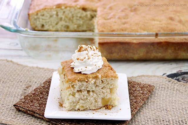 Easy Apple Cake on white plate with cake in casserole dish.