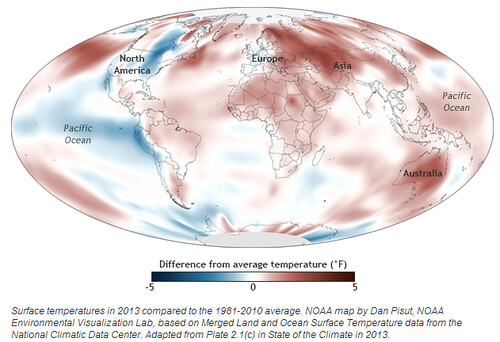 2013 年地表溫度與1981-2010氣溫平均值的差異比較圖。圖片來源：2013 State of the Climate: Earth’s Surface Temperature。