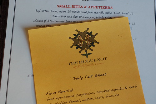 Menu and Specials at The Huguenot restaurant in New Paltz by Eve Fox, The Garden of Eating copyright 2014