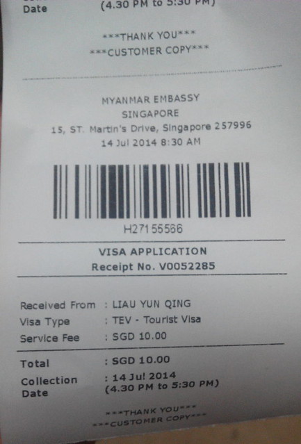 Visa collection slip for Myanmar Embassy