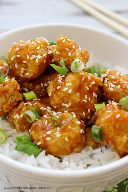 Orange Chicken (Better Than Panda Express) in a bowl with white rice close up.