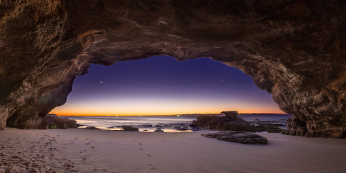 ocean sky panorama beach night stars sand pano australia newsouthwales cave cavesbeach