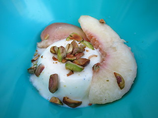 Yogurt Pudding with Poached Peaches
