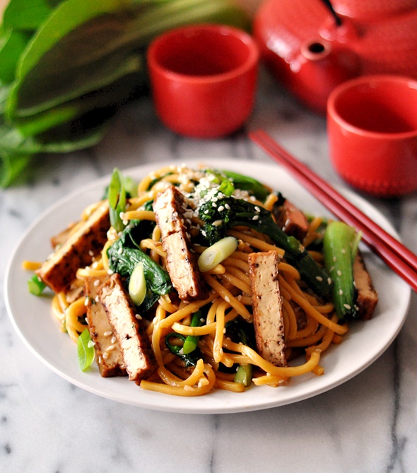 Tofu, Bok Choy & Broccolini Noodles with Soy-Maple-Sesame Sauce