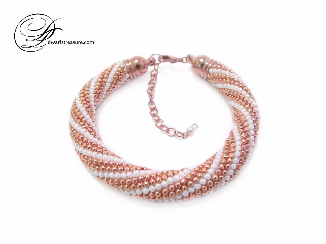 Exquisite striped rose gold and white beaded crochet rope bracelet