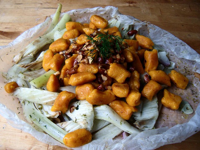 Carrot gnocchi with fennel and toasted almonds