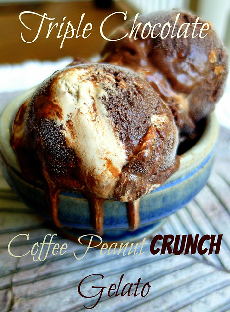 Triple Chocolate Coffee Peanut Crunch Gelato scoops in an earthenware bowl, dripping over the edge.