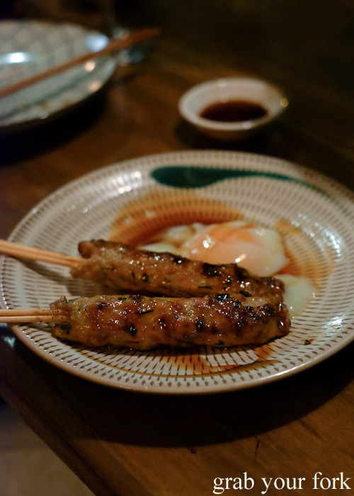 Tsukune housemade chicken meatball skewers with 62C egg at Chaco Bar, Darlinghurst