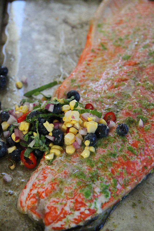 Chili and Lime Roasted Salmon with Blueberry Corn Salsa