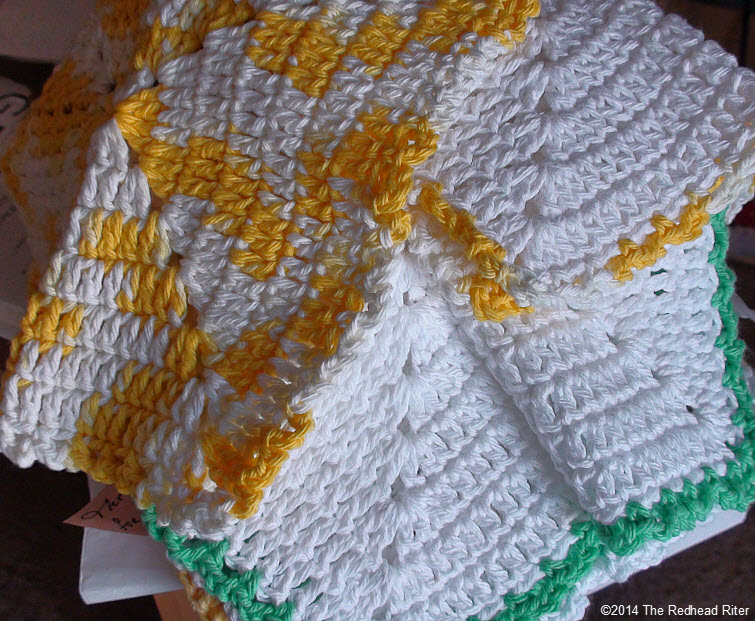 crocheted cotton dishcloth yellow white green