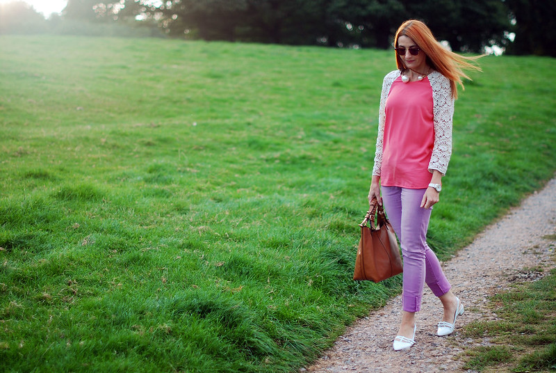 Lace sleeved top and lilac jeans