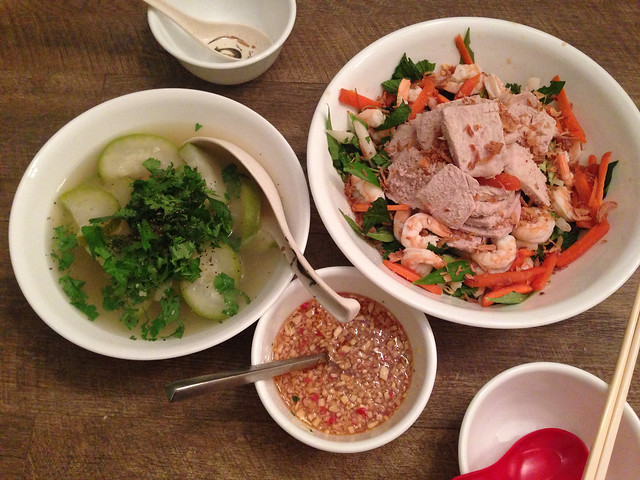 Squash soup with lotus root, shrimp, and pork salad