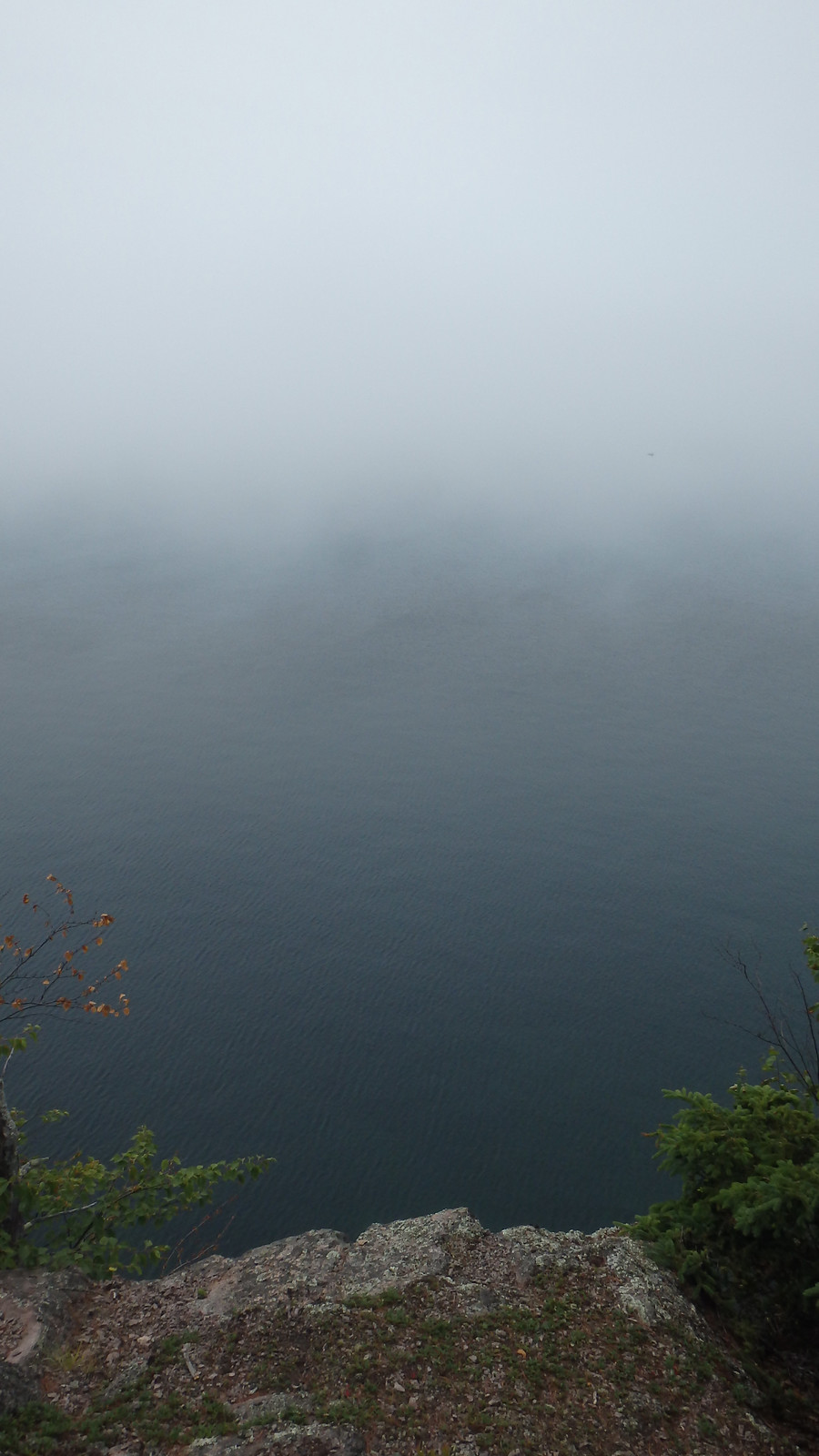 looking out at the lake at Shovel Point, with the lake meeting the fog
