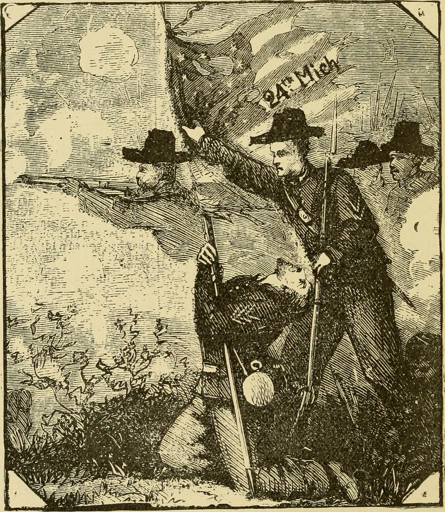 This is a drawing of the 24th's flag as the men around it do combat.
