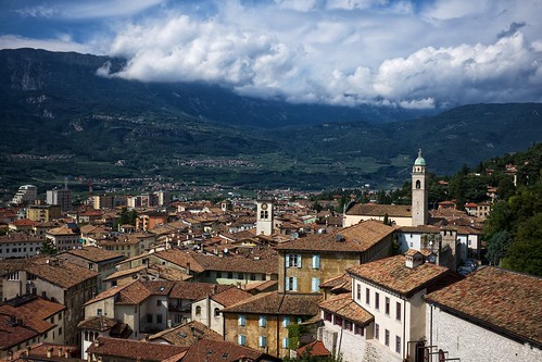 city sky italy mountains castle clouds italia day view cloudy towers roofs trentino rovereto castellodirovereto