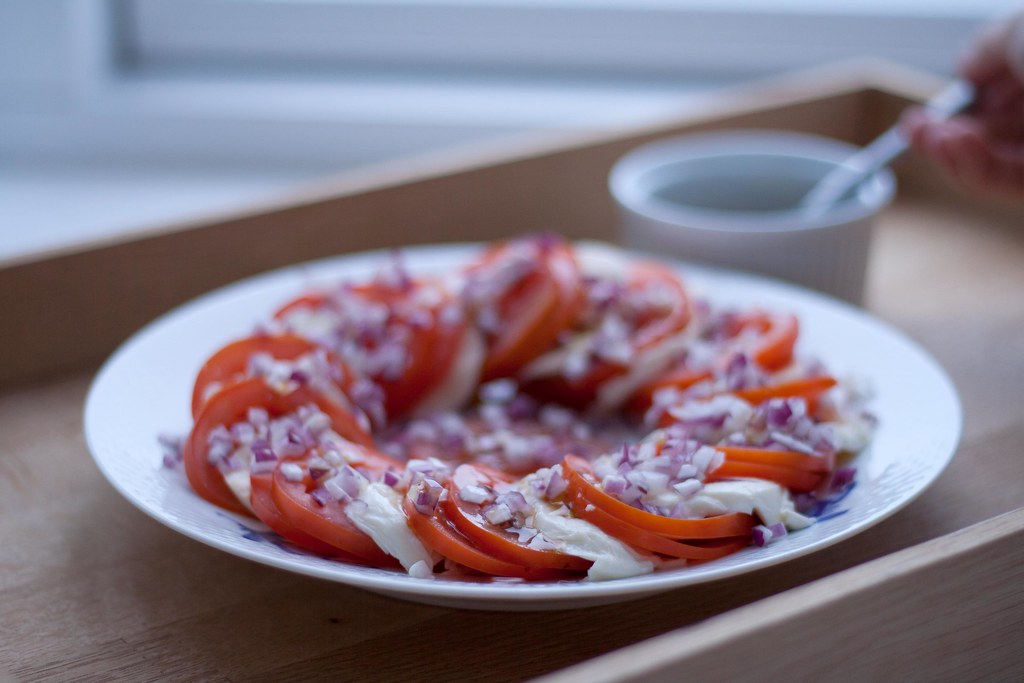 Homemade Tomato Salad with Mozzarella and Red Onions