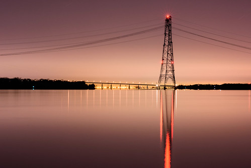 canal beauharnois quebec canada night lines dusk water tree river tower cable green electricity powerline red memorytrigger autofocus