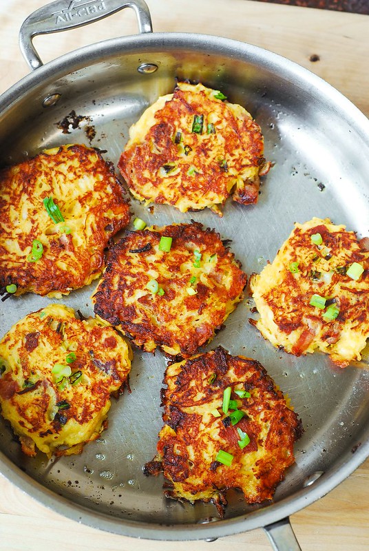 spaghetti squash cakes, parmesan fritters, bacon fritters