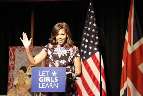 US First Lady, Michelle Obama, speaking at Mulberry School for Girls, London