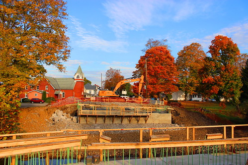hydetown pa nwpa bridge excavator autumn fall leaves color orange outdoors morning construction