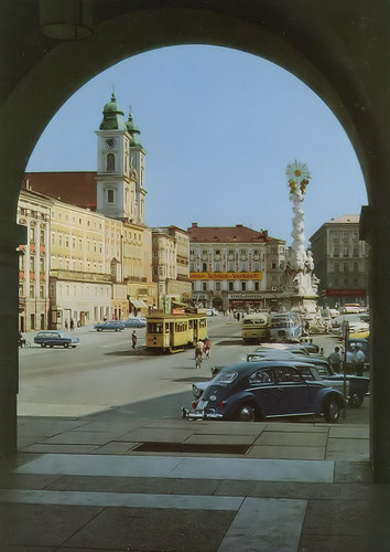 linz austria postcard sixties vintagecars cityview esg vintagebus 900mm routeb motorcartrailer
