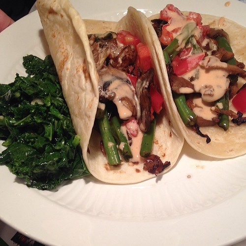 Seitan, Mushroom and String Bean Tacos with Chipotle Cream and Kale  www.good-good-things.com