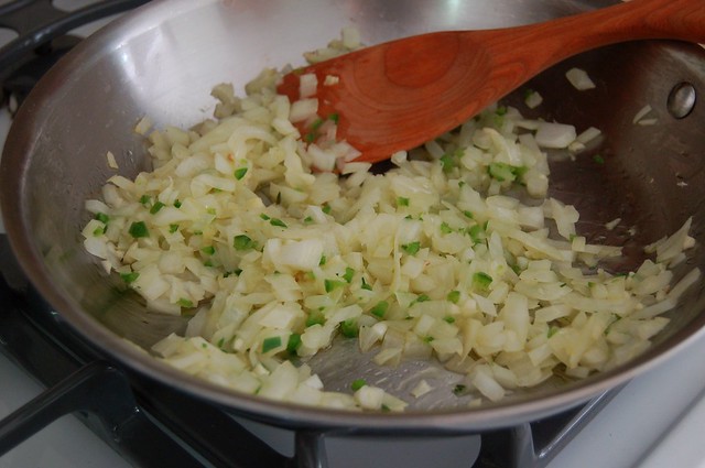 Sauteeing onions, garlic and jalapenos by Eve Fox, the Garden of Eating, copyright 2014