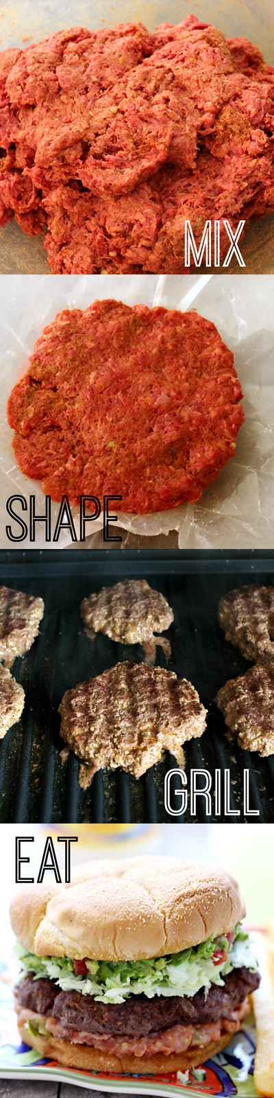 Four steps shown to create Tijuana Burger from raw ground beef being formed into patties, to grilling burgers, to assembly.