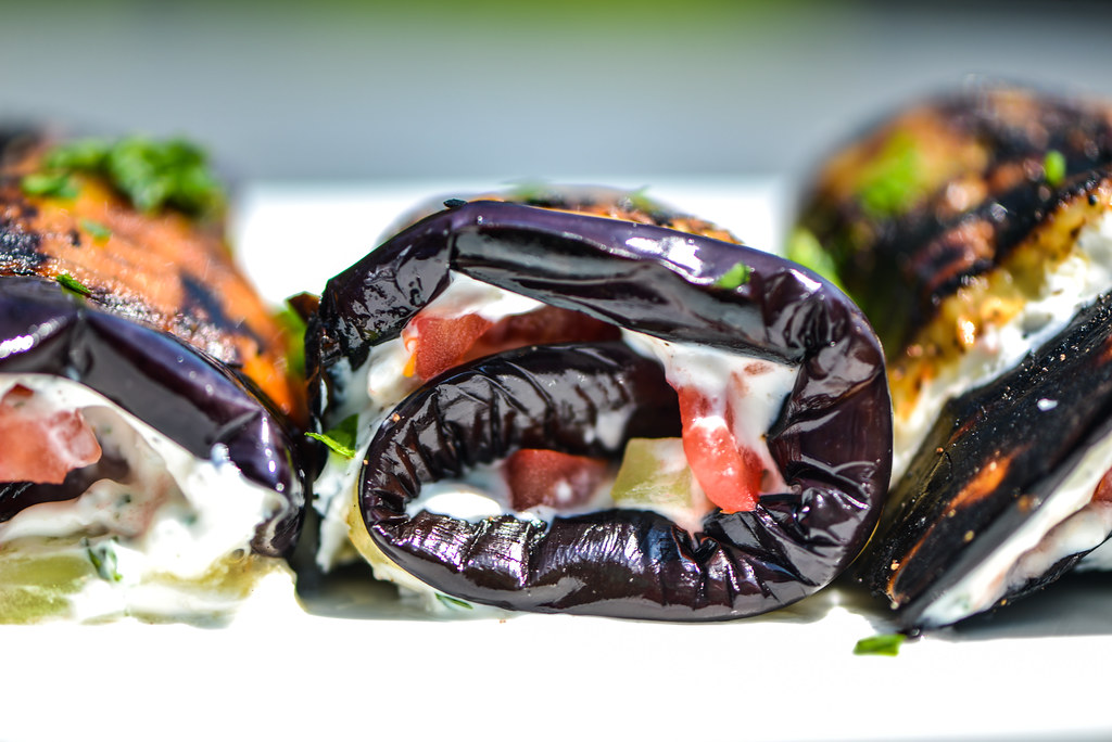 Eggplant Spirals With Greek Yogurt, Tomatoes, and Cucumber