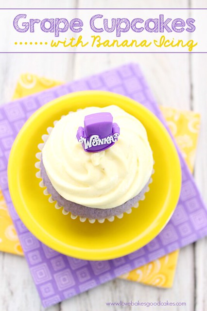 Grape Cupcakes with Banana Icing on a yellow plate.